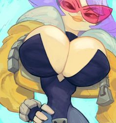 Rule 34 | 1girl, black choker, black gloves, black leotard, black torch, breasts, choker, cleavage, colored skin, commentary, crotch plate, english commentary, fallout (black torch), fingerless gloves, garrett hanna, glasses, gloves, grey pantyhose, hand on own hip, huge breasts, jacket, kamina shades, leotard, lips, narrow waist, open clothes, open jacket, pantyhose, pince-nez, pink-tinted eyewear, pink-tinted glasses, purple hair, red skin, short hair, smirk, solo, strapless, strapless leotard, sunglasses, swept bangs, tinted eyewear, unzipped, yellow jacket