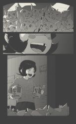 Rule 34 | 1girl, :d, black hair, blush, bucket of chicken, character request, christmas sweater, clock, commentary, copyright request, door, drawer, english commentary, fried chicken, highres, kfc, missing tooth, open mouth, original, pine tree, shadow, short hair, smile, sweater, tree, tyrone