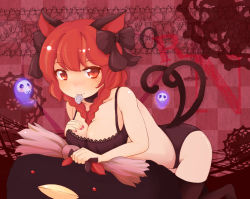 Rule 34 | 1girl, animal ears, between breasts, black bra, black panties, black thighhighs, bra, braid, breasts, cat ears, cat girl, cat tail, character doll, cleavage, condom, condom in mouth, female focus, highres, kaenbyou rin, large breasts, lingerie, looking at viewer, mouth hold, multiple tails, nail polish, panties, red eyes, red hair, reiuji utsuho, reiuji utsuho (bird), shiro tsugumi, short hair, solo, tail, thighhighs, touhou, twin braids, twintails, underwear, underwear only