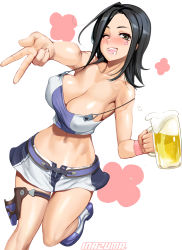 Rule 34 | 1girl, alcohol, beer, black hair, blush, bouncing breasts, breasts, collarbone, commentary request, covered erect nipples, crop top, cup, drinking glass, drooling, drunk, eureka seven, eureka seven (series), grey eyes, highres, large breasts, looking at viewer, midriff, miniskirt, navel, no bra, one eye closed, open mouth, outstretched arms, satou shouji, shiny skin, shoes, short hair, simple background, skirt, solo, standing, standing on one leg, strap slip, talho yuuki, tattoo, thigh strap, white background
