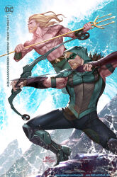 Rule 34 | 2boys, aquaman (dc), artist name, beard, blonde hair, bow (weapon), character name, copyright name, dc comics, domino mask, english text, facial hair, green arrow, green pants, highres, holding, holding weapon, hood, in-hyuk lee, logo, long hair, male focus, mask, multiple boys, oliver queen, outdoors, pants, polearm, quiver, signature, topless, trident, vambraces, water, watermark, weapon, web address