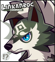 Rule 34 | !?, artist name, bad id, bad pixiv id, blue eyes, character name, creatures (company), crossover, english text, frown, game freak, gen 7 pokemon, green fur, link, lycanroc, nintendo, pokemon, pokemon (creature), portrait, simple background, solo, the legend of zelda, the legend of zelda: twilight princess, trait connection, twilight, white background, wolf, wolf link, woofzilla