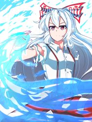 Rule 34 | 1girl, blue fire, breasts, collared shirt, fire, frown, fujiwara no mokou, highres, long hair, looking at viewer, nobu baka, pants, serious, shirt, small breasts, solo, suspenders, torn clothes, torn sleeves, touhou, urban legend in limbo, very long hair, white hair