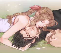 Rule 34 | 1boy, 1girl, aerith gainsborough, bare shoulders, black hair, black sweater, braid, braided ponytail, brown hair, closed mouth, commentary, couple, crisis core final fantasy vii, crylin6, dress, eyelashes, final fantasy, final fantasy vii, grass, hair ribbon, hand on another&#039;s head, lips, long hair, lying, on back, on stomach, parted bangs, petals, pink ribbon, ribbed sweater, ribbon, short hair, sleeping, sleeveless, sleeveless turtleneck, spiked hair, sweater, symbol-only commentary, turtleneck, turtleneck sweater, upper body, white dress, zack fair