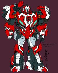 Rule 34 | 1boy, alex milne, autobot, blue eyes, character name, clenched hand, male focus, mecha, no humans, official art, red alert (transformers), red background, robot, science fiction, shoulder cannon, signature, standing, the transformers (idw), transformers, wheel