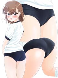 Rule 34 | 1girl, 2020, 20s, ass, ass focus, bare legs, bloomers, blush, brown eyes, brown hair, crying, embarrassed, female focus, from behind, gym uniform, hair ornament, hairclip, hiyama izumi (wttdh), huge ass, looking at viewer, looking back, matching hair/eyes, misaka mikoto, multiple views, open mouth, short hair, solo, tears, thick thighs, thighs, toaru kagaku no railgun, toaru majutsu no index, underwear, white background