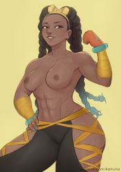 Rule 34 | 1girl, abs, absurdres, aqua nails, arm wrap, black hair, bow hairband, bracelet, breasts, brown eyes, capcom, colored tips, commentary, dark-skinned female, dark nipples, dark skin, english commentary, fingerless gloves, fingernails, flexing, forehead, gloves, hairband, hand on own hip, highres, hip vent, jewelry, kalruna, kimberly jackson, long hair, looking at viewer, lowleg, lowleg pants, medium breasts, multicolored hair, muscular, muscular female, nail polish, navel, nipples, orange gloves, pants, quad braids, solo, standing, street fighter, street fighter 6, thick thighs, thighs, topless, very dark skin, yellow background, yellow hairband