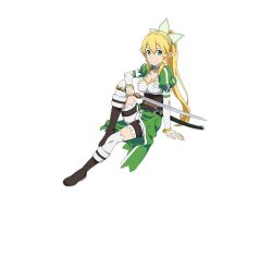 Rule 34 | 10s, 1girl, blonde hair, boots, breasts, brown footwear, cleavage, collar, full body, green eyes, hair ornament, highres, holding, holding sword, holding weapon, leafa, long hair, looking at viewer, official art, pointy ears, simple background, sitting, smile, solo, sword, sword art online, sword art online: code register, weapon, white background