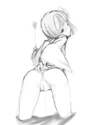 Rule 34 | 1girl, anus, bad id, bad pixiv id, bent over, blush, bottomless, flower, from behind, greyscale, hair flower, hair ornament, hieda no akyuu, kurokuro, looking back, monochrome, no panties, no pants, presenting, pussy, pussy juice, seductive smile, short hair, sketch, smile, solo, spread anus, touhou, uncensored