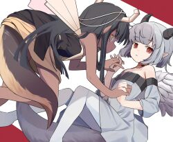 Rule 34 | 2girls, black dress, black hair, black horns, blunt bangs, bob cut, choker, closed mouth, commentary request, dark-skinned female, dark skin, dress, expressionless, feet out of frame, flat chest, grey dress, grey hair, highres, hime cut, holding hands, horns, kuu the silver dragon, lizard tail, long hair, looking at viewer, ma40414, medium bangs, multiple girls, off-shoulder dress, off shoulder, open mouth, pantyhose, pi the golden dragon, pointy ears, rabbit and steel, red background, red choker, red eyes, short hair, slit pupils, strapless, tail, two-tone background, white background, white pantyhose, yellow eyes