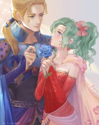 Rule 34 | 1boy, 1girl, armor, belt, blonde hair, blue cape, blue eyes, blue flower, blue ribbon, blue rose, breasts, cape, circlet, cleavage, couple, detached sleeves, dress, earrings, edgar roni figaro, final fantasy, final fantasy vi, floral print, flower, green hair, grey background, hair ornament, hair over shoulder, hair ribbon, high collar, holding, holding flower, jewelry, long hair, long sleeves, looking at another, low ponytail, medium breasts, multi-tied hair, own hands clasped, own hands together, parted bangs, pink cape, pink ribbon, ponytail, purple eyes, red dress, regan (hatsumi), ribbon, rose, shoulder armor, signature, smile, strapless, strapless dress, tina branford, twitter username, upper body, wavy hair