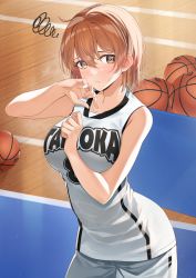 Rule 34 | 1girl, @ @, arm between breasts, ball, bare arms, bare shoulders, basketball, basketball (object), basketball uniform, between breasts, blush, breasts, brown eyes, brown hair, closed mouth, collarbone, commentary request, ear blush, hair between eyes, hands up, highres, indoors, large breasts, looking at viewer, original, shirt, short hair, shorts, sleeveless, sleeveless shirt, solo, sportswear, squiggle, standing, sweat, tapioka (oekakitapioka), white shirt, white shorts, wooden floor