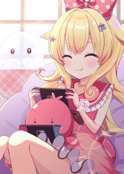 Rule 34 | 1girl, absurdres, blonde hair, bow, bracelet, closed eyes, closed mouth, couch, dress, fang, hair bow, hair ornament, handheld game console, highres, holding, holding handheld game console, idol corp, jewelry, long hair, momo otako, necklace, nintendo switch, pink bow, pink dress, polka dot, second-party source, shell hair ornament, sitting, star (symbol), star hair ornament, star necklace, tentacle hair, tongue, uni (maru231), virtual youtuber, window