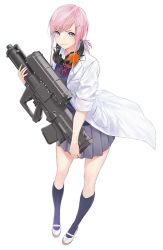 Rule 34 | 1girl, airburst grenade launcher, alliant techsystems, blue shirt, borrowed character, bullpup, candy, coat, computerized scope, crimson (cxrss377), ear protection, earmuffs, eating, food, grenade launcher, gun, hair ornament, hairclip, heckler &amp; koch, holding, holding gun, holding weapon, l-3 ios brashear, lab coat, little armory, lollipop, long gun, looking at viewer, military program, official art, oicw increment 2 (military program), oicw increments (military program), oizumi ren, orbital atk, original, pink hair, precision-guided firearm, prototype design, purple eyes, ribbon, scientist, scope, semi-automatic firearm, semi-automatic grenade launcher, shirt, sight (weapon), skirt, smart scope, smile, snack, telescopic sight, textless version, tomytec, weapon, white background, xm104 (smart scope), xm25 cdte