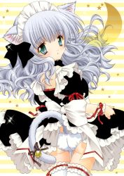 Rule 34 | 1girl, absurdres, animal ears, aqua eyes, ass, bell, blush, bow, cameltoe, cat ears, cat tail, frilled thighhighs, frills, grey hair, hair bow, highres, jingle bell, long hair, maid, maid headdress, panties, ribbon, shigunyan, solo, tail, tail bell, tail ornament, tail ribbon, thigh gap, thighhighs, underwear, white panties, white thighhighs, wrist cuffs
