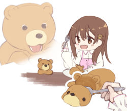 Rule 34 | 1boy, 1girl, :d, aged down, animal ears, ankimo (tokino sora), bear ears, black eyes, blush, brown eyes, brown fur, brown hair, cake, chibi, commentary request, crossed arms, derivative work, dress, food, fork, frills, hair between eyes, hair ornament, hand up, holding, holding fork, hololive, kase (kurimuzone oruta), long hair, long sleeves, lower teeth only, meme, multiple views, official alternate costume, open mouth, plate, projected inset, simple background, smile, star (symbol), star hair ornament, stuffed animal, stuffed toy, teddy bear, teeth, tokino sora, upper body, virtual youtuber, white background, white hair