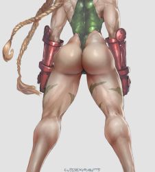 Rule 34 | 1girl, ass, ass focus, back, blonde hair, braid, cameltoe, cammy white, capcom, curvy, cutesexyrobutts, from behind, gauntlets, grey background, highres, hip focus, legs, leotard, long hair, military, military uniform, muscular, revealing clothes, simple background, soldier, solo, street fighter, thighs, thong leotard, twin braids, twintails, uniform, very long hair, victory pose, view between legs, white background, wide hips