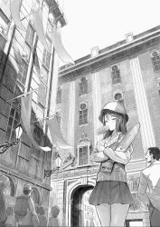 Rule 34 | 10s, 1girl, arch, architecture, baguette, banner, bread, building, city, closed eyes, cowboy shot, crowd, food, food in mouth, girls und panzer, greyscale, hair between eyes, hat, highres, hugging object, instrument, kantele, keizoku school uniform, ladic, lamp, long hair, long sleeves, mika (girls und panzer), monochrome, outdoors, school uniform, shirt, skirt, solo focus, striped clothes, striped shirt, window