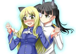 Rule 34 | 2girls, animal ears, black hair, blonde hair, blush, cat ears, dog ears, eyepatch, glasses, holding hands, long hair, military, military uniform, multiple girls, open mouth, perrine h. clostermann, ponytail, red liquid (artist), sakamoto mio, strike witches, uniform, world witches series, yellow eyes
