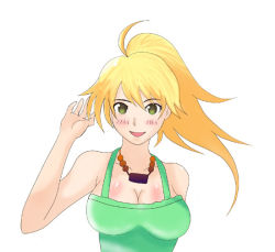 Rule 34 | 00s, 1girl, :d, arms up, bare shoulders, blonde hair, blush, breasts, cleavage, collarbone, green eyes, green shirt, hoshii miki, idolmaster, idolmaster (classic), idolmaster 1, jewelry, large breasts, long hair, looking at viewer, necklace, open mouth, pendant, ponytail, shirt, simple background, sleeveless, sleeveless shirt, smile, solo, tank top, white background