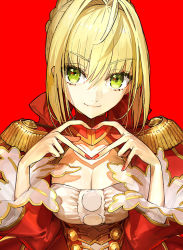 Rule 34 | 1girl, ahoge, blonde hair, bow, braid, braided bun, breasts, buttons, cleavage, dress, epaulettes, fate/extra, fate (series), gold trim, green eyes, hair bow, hair bun, hair intakes, heart, heart hands, heart in eye, long sleeves, looking at viewer, medium breasts, nail polish, nero claudius (fate), nero claudius (fate) (all), nero claudius (fate/extra), red background, red bow, red dress, red nails, see-through, see-through sleeves, sidelocks, simple background, single hair bun, smile, solo, symbol in eye, upper body, wada arco