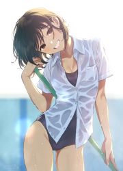 Rule 34 | 1girl, black hair, blurry, blurry background, breast pocket, broom, brown eyes, collared shirt, commentary request, contrapposto, cowboy shot, dated, female focus, grin, groin, head tilt, highres, holding, holding broom, looking at viewer, morikura en, no pants, one-piece swimsuit, original, pocket, school swimsuit, see-through, shirt, short hair, short sleeves, skindentation, smile, solo, swimsuit, swimsuit under clothes, wet, wet clothes, wet hair, wet shirt, white shirt