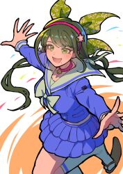 Rule 34 | 1girl, :d, absurdres, bell, blue shirt, blue skirt, chabashira tenko, choker, danganronpa (series), danganronpa v3: killing harmony, green eyes, green hair, green ribbon, hair ribbon, hairband, highres, kneehighs, leg up, long hair, long sleeves, looking at viewer, mole, mole under mouth, neck bell, open mouth, pink choker, pink hairband, ribbon, sailor collar, sandals, shirt, single sandal, skirt, smile, socks, solo, twintails, white sailor collar, white socks, youko-shima