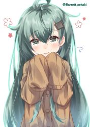 Rule 34 | 1girl, aged down, ahoge, aqua eyes, aqua hair, baretto (firearms 1), blush, cardigan, closed mouth, flower, hair between eyes, hair ornament, hairclip, hands up, head tilt, kantai collection, long hair, long sleeves, looking at viewer, oversized clothes, own hands together, school uniform, simple background, sleeves past fingers, sleeves past wrists, smile, solo, suzuya (kancolle), twitter username