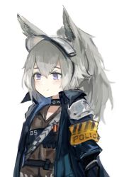 Rule 34 | 1girl, animal ears, arknights, armband, brown shirt, gnai, grani (arknights), grey hair, highres, horse ears, horse girl, infection monitor (arknights), jacket, long hair, looking away, open clothes, open jacket, police, police uniform, purple eyes, shirt, simple background, smile, solo, uniform, upper body, visor cap, weapon, white background