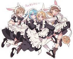 Rule 34 | 4boys, :d, absurdres, alternate costume, animal ears, apron, bandaid, bandaid on knee, bandaid on leg, black dress, black footwear, blonde hair, blue hair, bread, brown eyes, brown hair, crossdressing, dress, enmaided, ensemble stars!, food, frilled apron, frills, full body, hand up, highres, juliet sleeves, kemonomimi mode, long sleeves, looking at viewer, lop rabbit ears, maid, maid apron, maid headdress, male focus, male maid, mary janes, mashiro tomoya, meremero, multiple boys, nito nazuna, open mouth, puffy short sleeves, puffy sleeves, rabbit ears, rabbit tail, rabbits (ensemble stars!), red eyes, shino hajime, shoes, short hair, short sleeves, simple background, smile, standing, standing on one leg, tail, tenma mitsuru, white apron, white background, wrist cuffs, yellow eyes