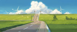 Rule 34 | blue sky, cloud, cloudy sky, commentary request, day, field, grass, highres, hill, huanxiang huifeng, md5 mismatch, no humans, original, outdoors, resolution mismatch, road, road sign, scenery, sign, sky, tree, wind turbine, windmill