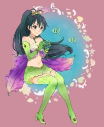 Rule 34 | 1girl, black eyes, black hair, boots, bra, breasts, choker, cleavage, closed mouth, collarbone, demirinz, diadem, elbow gloves, fish, floating hair, full body, ganaha hibiki, gloves, green footwear, green gloves, green skirt, high ponytail, holding, idolmaster, idolmaster (classic), invisible chair, long hair, midriff, miniskirt, navel, pencil skirt, pink background, shell bikini, sitting, skirt, small breasts, smile, solo, stomach, thigh boots, thighhighs, underwear, very long hair, white bra, zettai ryouiki