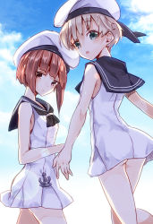 Rule 34 | 10s, 218, 2girls, androgynous, ass, blue eyes, blush, brown eyes, brown hair, dress, gradient background, hat, kantai collection, looking at viewer, looking back, multiple girls, open mouth, sailor collar, sailor dress, sailor hat, short hair, silver hair, white hat, z1 leberecht maass (kancolle), z3 max schultz (kancolle)