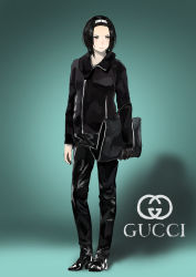 Rule 34 | 1girl, absurdres, biomega, black coat, black hair, black pants, brown eyes, closed mouth, coat, english text, fashion, forehead, full body, gucci, highres, looking to the side, nishu mizunoe, orihika, pants, shoes, short hair, simple background, solo, standing, toha heavy industries