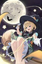 Rule 34 | 1girl, absurdres, aqua cape, bat (animal), black cape, black hat, blonde hair, blue eyes, broom, broom riding, cape, daon 1798, dress, frilled gloves, frills, full moon, gloves, green dress, halloween, hand on headwear, hat, highres, hololive, kazama iroha, looking at viewer, moon, night, night sky, ponytail, reaching, reaching towards viewer, short dress, short hair, sky, sleeveless, sleeveless dress, solo, two-sided cape, two-sided fabric, virtual youtuber, white gloves, witch, witch hat