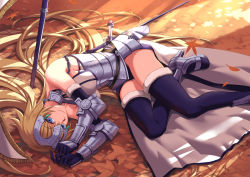 Rule 34 | 1girl, armor, blonde hair, blue eyes, braid, fate/apocrypha, fate/grand order, fate (series), headpiece, high heels, jeanne d&#039;arc (fate), jeanne d&#039;arc (ruler) (fate), jeanne d&#039;arc (third ascension) (fate), jh, long hair, looking at viewer, lying, on side, smile, solo, thighhighs, very long hair
