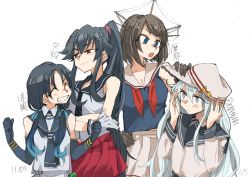 Rule 34 | 4girls, black gloves, blue hair, breasts, brown hair, character name, clenched hands, closed eyes, closed mouth, flat cap, gloves, grin, hair ribbon, hammer and sickle, hat, headgear, hibiki (kancolle), kantai collection, long hair, long sleeves, low twintails, maya (kancolle), multiple girls, neckerchief, open mouth, ponytail, red neckerchief, ribbon, rokugou (tokiwa rokugou), school uniform, short hair, sidelocks, silver hair, simple background, skirt, sleeveless, smile, suzukaze (kancolle), twintails, verniy (kancolle), white background, white gloves, white headwear, yahagi (kancolle)