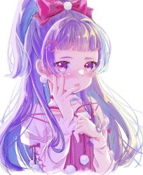 Rule 34 | 1girl, blunt bangs, blush, bow, choker, earrings, hair bow, hair ornament, hairclip, hand on own cheek, hand on own face, izayoi liko, jewelry, lilylily0601, long hair, long sleeves, mahou girls precure!, one side up, parted lips, pink choker, pink eyes, precure, purple hair, short bangs, solo, white background
