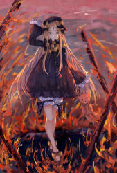 Rule 34 | 1girl, abigail williams (fate), black bow, black footwear, black hat, black ribbon, blonde hair, blue eyes, bow, commentary request, dress, fate/grand order, fate (series), fire, full body, hair bow, hat, highres, long hair, long sleeves, looking at viewer, multiple hair bows, orange bow, outdoors, parted bangs, polka dot, polka dot bow, ribbon, rope, sleeves past fingers, sleeves past wrists, solo, standing, stuffed animal, stuffed toy, teddy bear, very long hair, yan ge