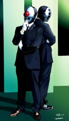 Rule 34 | 2boys, artist name, back-to-back, black footwear, black jacket, black necktie, black pants, blouse, breast pocket, collared shirt, crossed arms, dharu riser, dice (dharu riser), formal, gloves, green background, hand on own chin, hand up, jacket, long sleeves, male focus, mask, mogihara yorumo, multiple boys, necktie, pants, pocket, shirt, shoes, signature, stroking own chin, suit, thinking, white gloves, white shirt