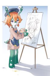 Rule 34 | 1girl, animal, apron, beret, blue background, drawing, easel, furry, furry female, genshin impact, green fur, hat, highres, horns, korusakku, long sleeves, mamere (genshin impact), melusine (genshin impact), orange hair, paintbrush, painting (object), palette (object), purple eyes, short hair, signature, simple background, sketch, tail, two-tone fur, white background, white fur