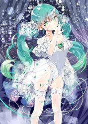 Rule 34 | 1girl, :o, arm at side, blurry, blush, breasts, collarbone, colored eyelashes, commentary, commentary request, curtains, earrings, front-seamed legwear, gem, gradient hair, green eyes, green gemstone, green hair, hair ornament, hair scrunchie, hand up, hatsune miku, hatsune miku graphy collection, head tilt, highres, jewelry, kiya machi, leotard, light particles, long hair, looking at viewer, looking back, multicolored hair, off shoulder, parted lips, ring, scrunchie, seamed legwear, see-through, short sleeves, small breasts, solo, standing, tareme, thighhighs, thighs, twintails, very long hair, vocaloid, waist cape, white leotard, white thighhighs