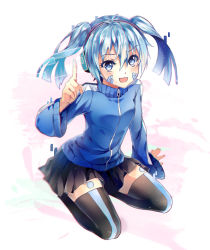 Rule 34 | 1girl, :d, blue eyes, blue hair, ene (kagerou project), headphones, holographic interface, kagerou project, long hair, matching hair/eyes, open mouth, seiza, short hair, sitting, smile, solo, teka, twintails