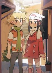 Rule 34 | 1boy, 1girl, barry (pokemon), beanie, black hair, blonde hair, blush, boots, brown eyes, buttons, coat, commentary request, creatures (company), dawn (pokemon), day, eyelashes, game freak, green scarf, grey eyes, hair ornament, hairclip, hat, highres, hunnyamai, long hair, long sleeves, looking at viewer, nintendo, outdoors, pink footwear, plant, pokemon, pokemon dppt, pokemon platinum, potted plant, red coat, scarf, short sleeves, sidelocks, smile, socks, white headwear, white legwear, white scarf