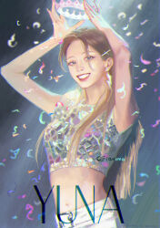 Rule 34 | 1girl, absurdres, blue eyes, breasts, brown hair, character name, chromatic aberration, commentary, confetti, cropped shirt, crown, flamma (immortalemignis), grey shirt, hair behind ear, hair ornament, hairclip, highres, holding, holding crown, itzy, k-pop, long hair, looking at viewer, medium breasts, midriff, navel, real life, realistic, shiny clothes, shirt, smile, solo, symbol-only commentary, yuna (itzy)