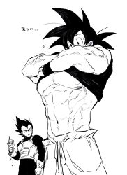 Rule 34 | 2boys, abs, bara, clothes lift, crushed can, dougi, dragon ball, dragonball z, flying sweatdrops, from below, frown, greyscale, highres, large pectorals, lifting own clothes, looking at pectorals, male focus, monochrome, multiple boys, muscular, muscular male, no alert2038, pectorals, shirt lift, short hair, son goku, spiked hair, sweat, thick eyebrows, translation request, underpec, undressing, vegeta, yaoi
