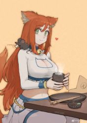 Rule 34 | 1girl, absurdres, animal, animal ears, animal on shoulder, artist name, breasts, brown hair, cat cutout, cheese, chopsticks, cleavage, cleavage cutout, closed mouth, clothing cutout, cowboy shot, crop top, cup, food, green eyes, hair between eyes, heart, highres, holding, holding cup, jenna lynn meowri, jun (navigavi), long hair, long sleeves, looking at viewer, midriff, mouse (animal), mouse on shoulder, navel, open mouth, orange background, original, plate, pleated skirt, sidelocks, simple background, sitting, skirt, smile, solo, steam, table, tail, very long hair, weibo logo, weibo watermark, white skirt