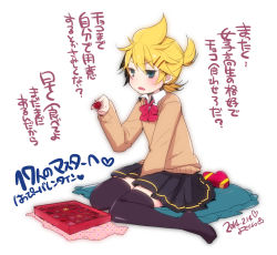 Rule 34 | 1boy, black thighhighs, blonde hair, blush, candy, chocolate, crossdressing, food, full body, hair ornament, hairclip, kagamine len, male focus, open mouth, short hair, simple background, skirt, solo, thighhighs, trap, vocaloid, white background, yomorin