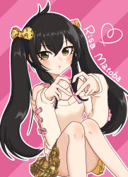 Rule 34 | 1girl, absurdres, bare shoulders, black hair, blush, bow, hair bow, heart, heart hands, highres, idolmaster, idolmaster cinderella girls, long hair, looking at viewer, matoba risa, parted lips, skirt, solo, sweater, swirupa, twintails, yellow eyes