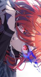 Rule 34 | 1boy, blue lock, breath, chigiri hyoma, clenched teeth, close-up, commentary request, flaming eye, hair between eyes, highres, long hair, long sleeves, looking at viewer, male focus, nekoma hikaru, red eyes, red hair, shirt, sideways, simple background, solo, sweat, teeth, white background